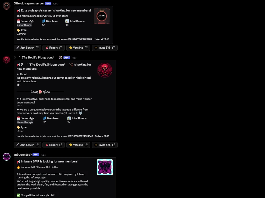 Bump Your Server advertisements displayed in Discord