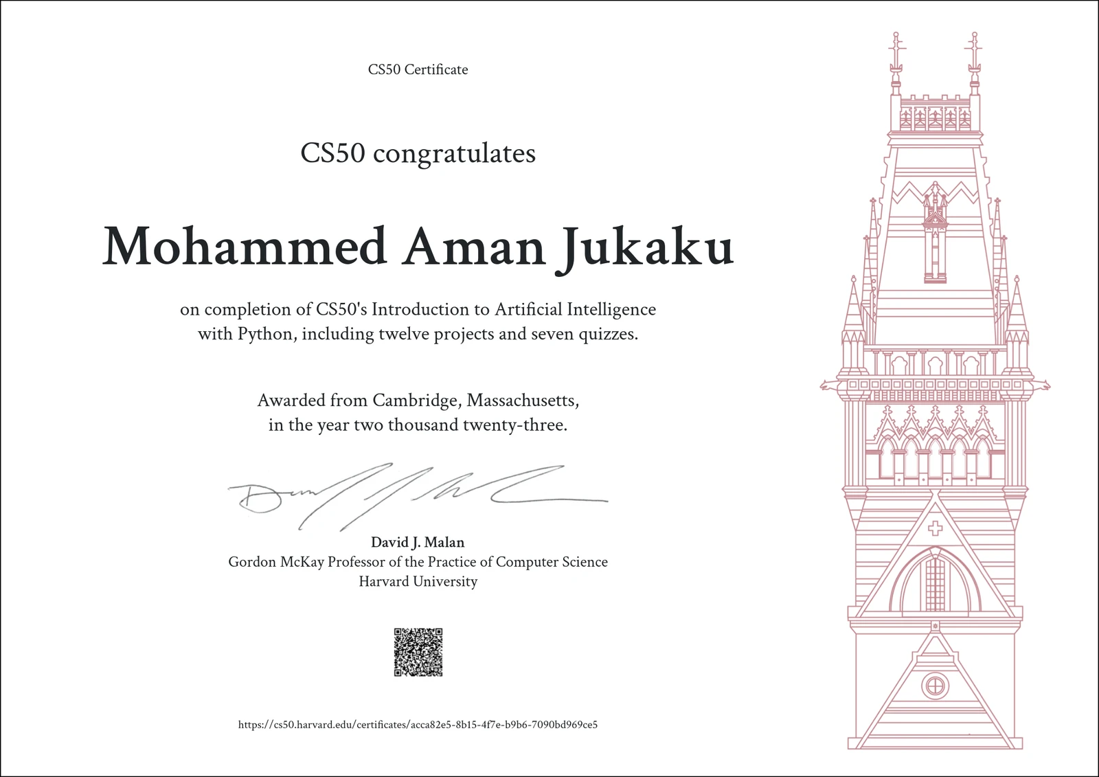 CS50AI - Introduction to Artificial Intelligence with Python certificate