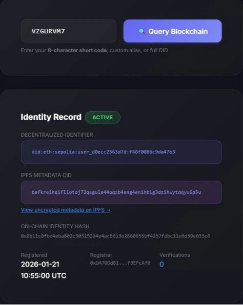 Identity record page of the Decentralized Multimodal Biometric Identity System