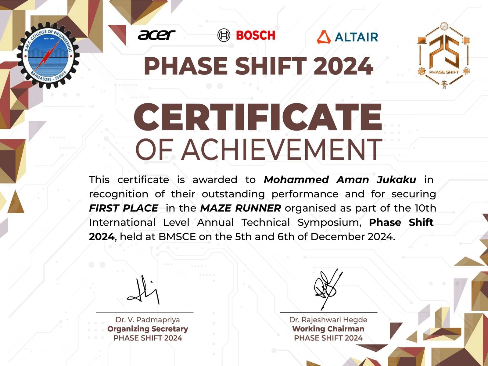 Certificate awarded for the Maze Runner robotics competition