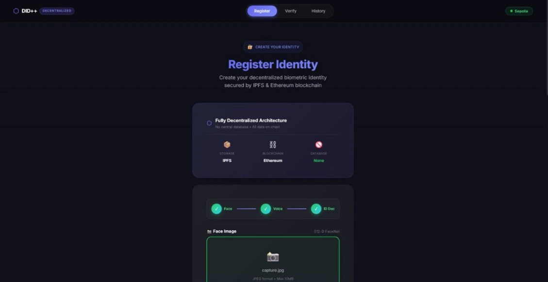 Homepage of the Decentralized Multimodal Biometric Identity System